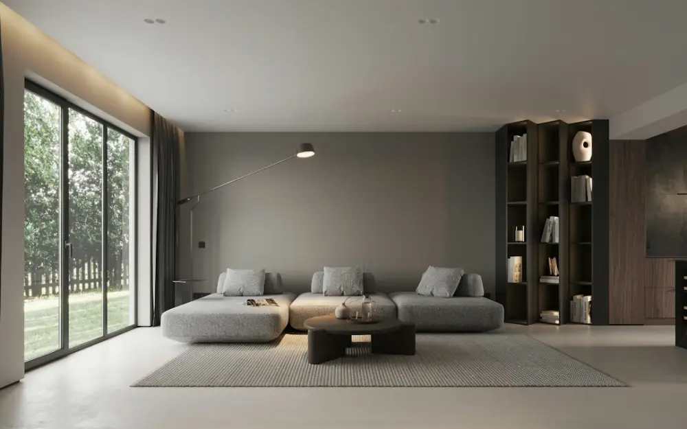 A modern living room with a large window, illustrating calm and technology